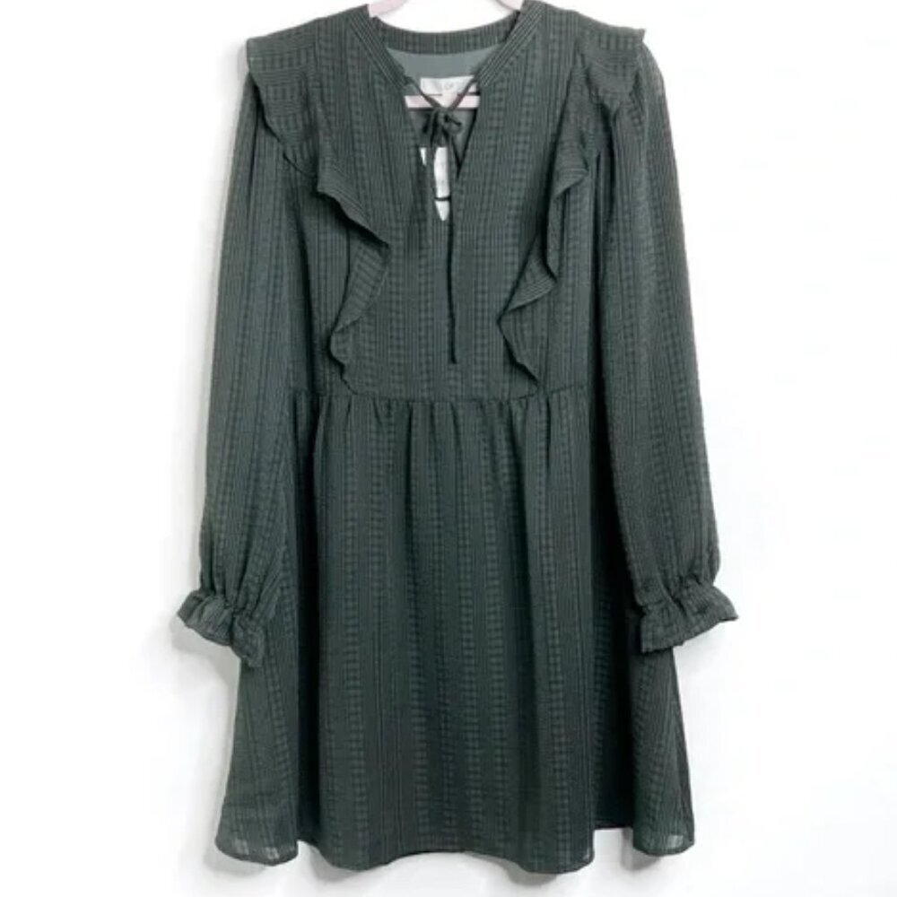 Ann Taylor LOFT Olive Green Textured Ruffle Keyhole Dress